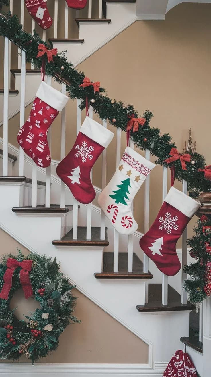 White staircase with a thin garland and red bows along the rail and four red and white Christmas stockings tied to the spindles, a wreath on the wall below