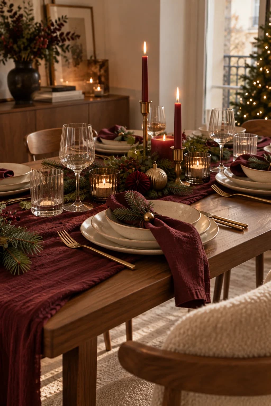 Wooden dining table with a burgundy runner, burgundy napkins, red taper candles and low greenery