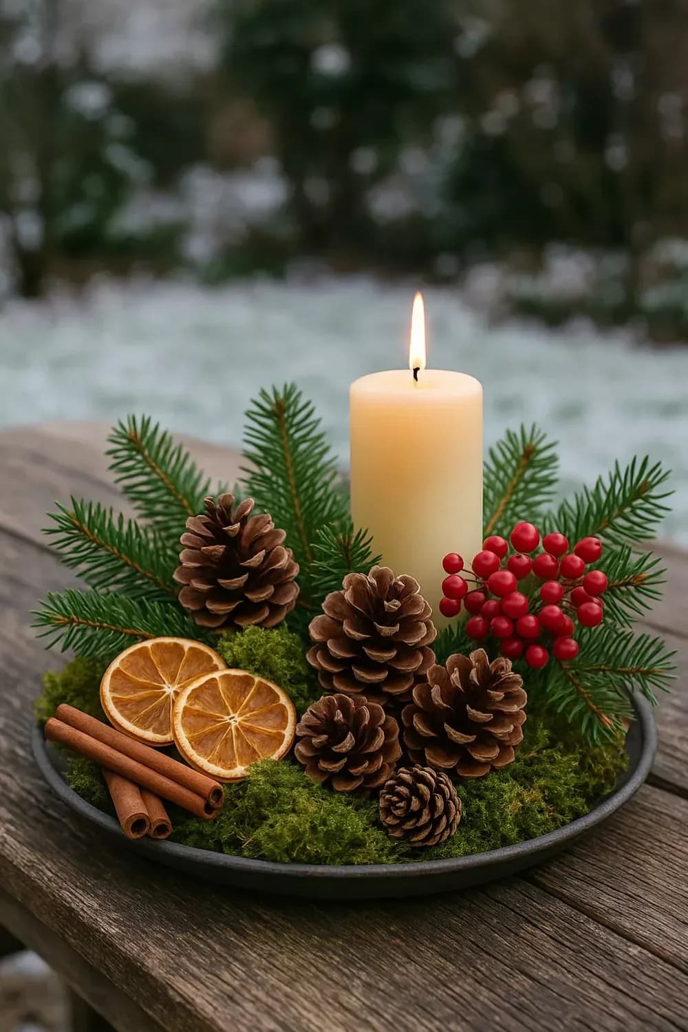 Shallow bowl with a lit pillar candle, pine sprigs, pine cones, dried orange slices, cinnamon sticks and red berries on a wooden table