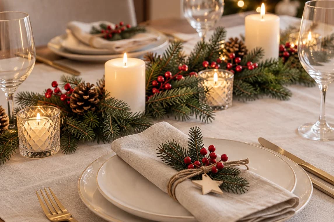 Christmas place setting with a linen napkin tied with pine and berries beside a low garland with pillar candles