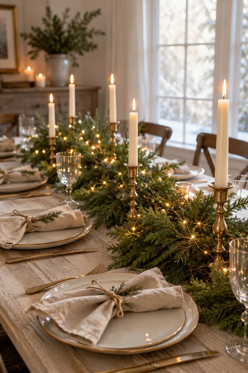 Evergreen garland with fairy lights and brass candlesticks down a wooden table set with linen napkins tied with twine