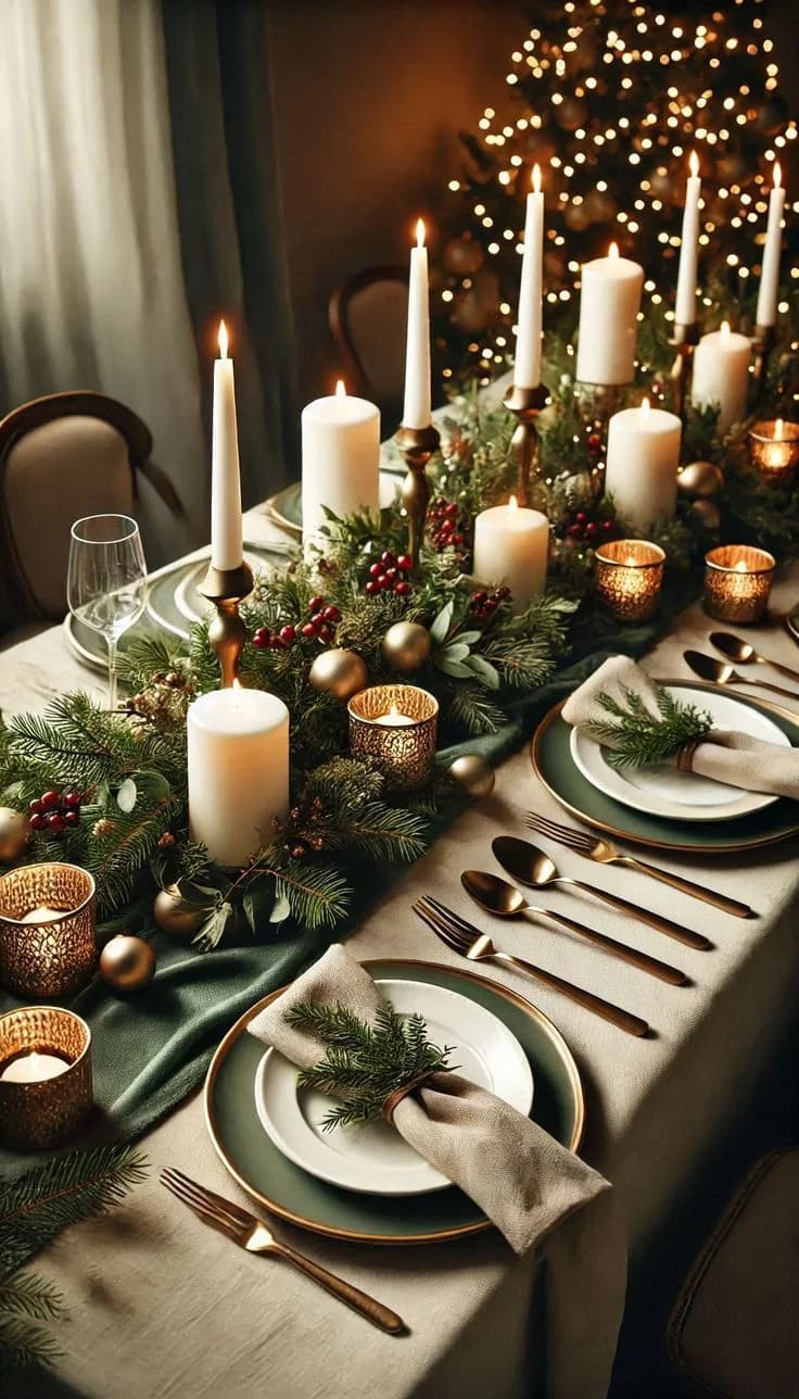 Dark green table with clusters of pillar candles, brass votives and baubles between green-rimmed plates