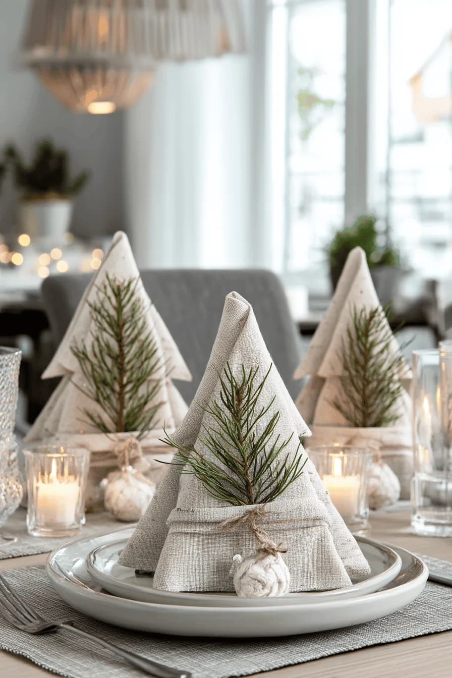 Linen napkins folded into Christmas tree shapes with pine sprigs, standing on white plates among candles in glass holders