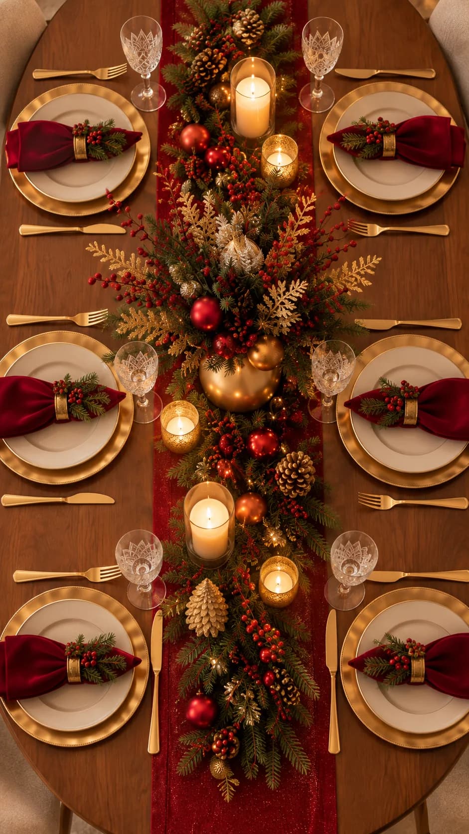Overhead view of an oval wooden table with a red runner, a garland of greenery and baubles, candles and red napkins on gold-rimmed plates