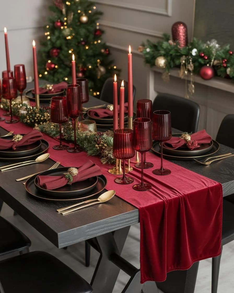 Dark table with a red velvet runner, black plates, gold cutlery, red glasses and tall red taper candles