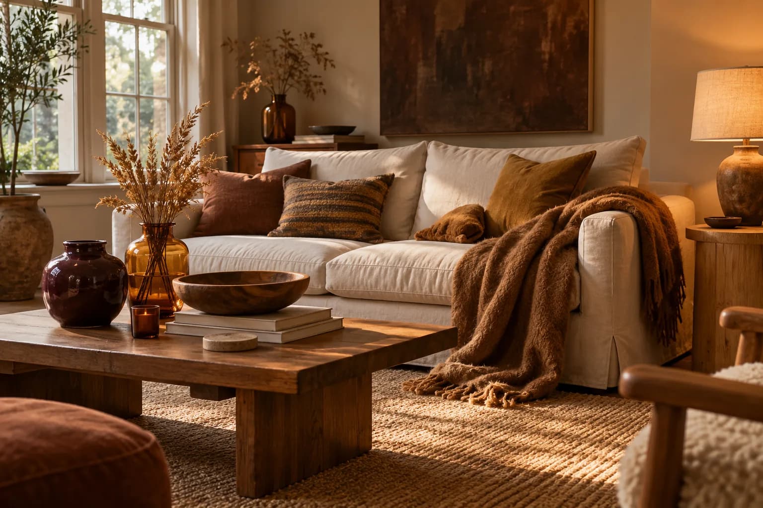 Living room styled in cinnamon brown with a caramel wool throw, amber glass, dried wheat and an aubergine vase