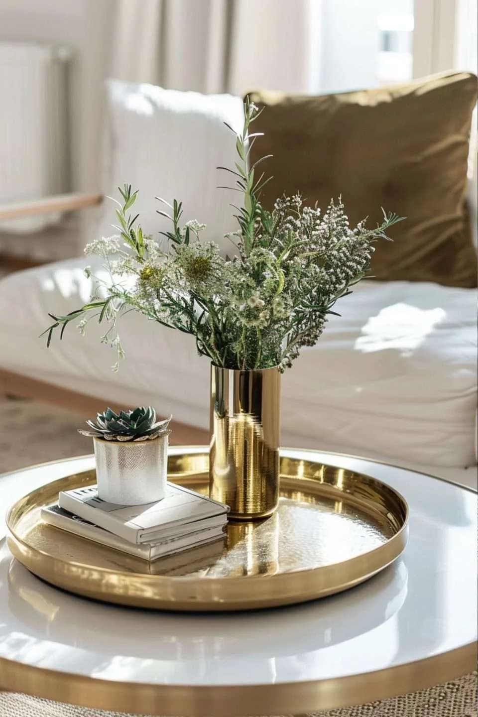 Polished brass round tray on a white round table with a brass vase of loose green and white stems, a small succulent and two thin books