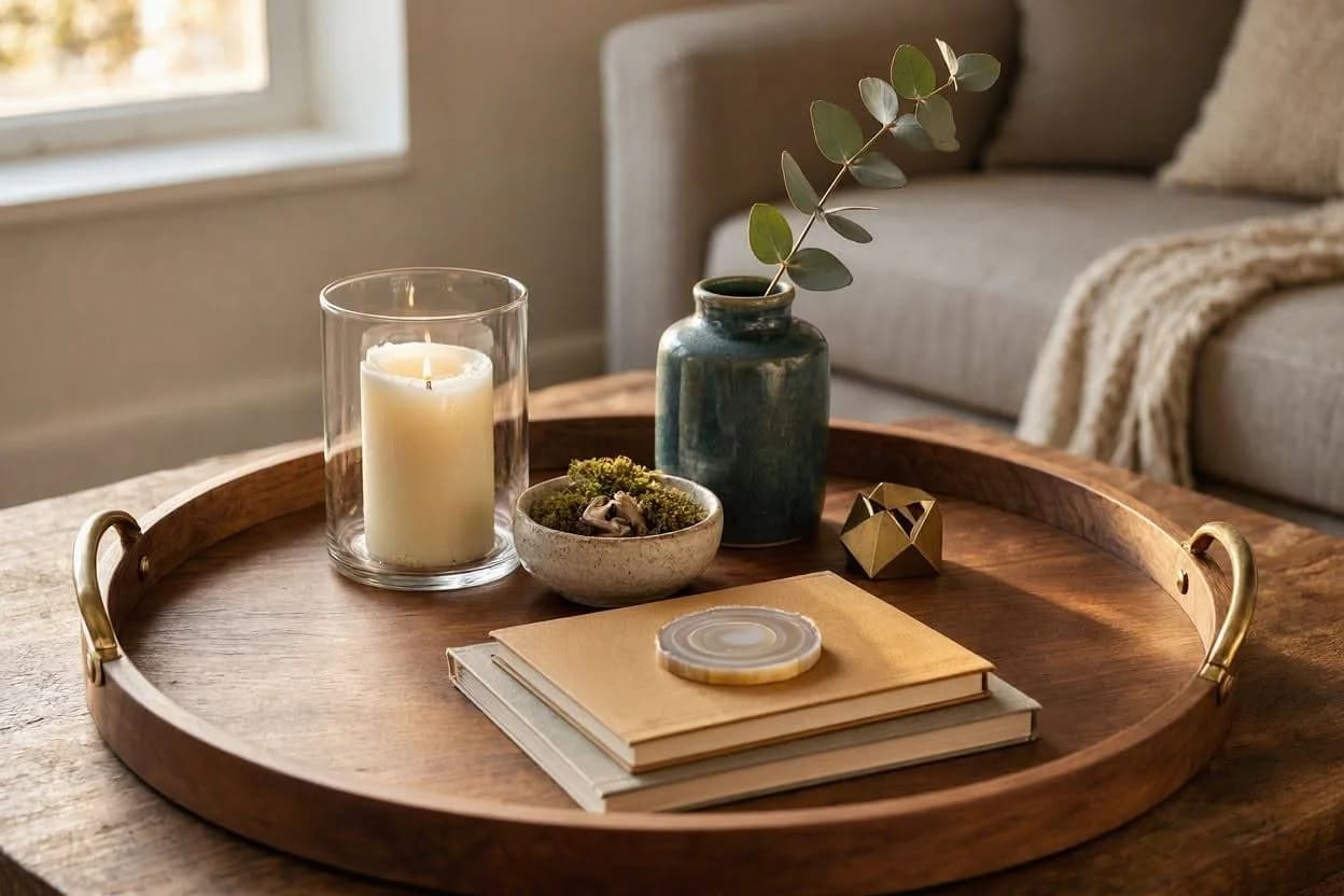 Round wooden tray with brass handles on a rustic coffee table holding a candle in a glass hurricane, a teal vase with a eucalyptus stem, a small bowl of moss and two books