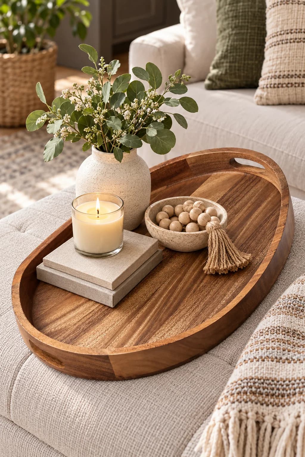Oval wooden tray on a cream upholstered ottoman holding a speckled vase of eucalyptus, a candle on two small books and a bowl of wooden beads with a tassel