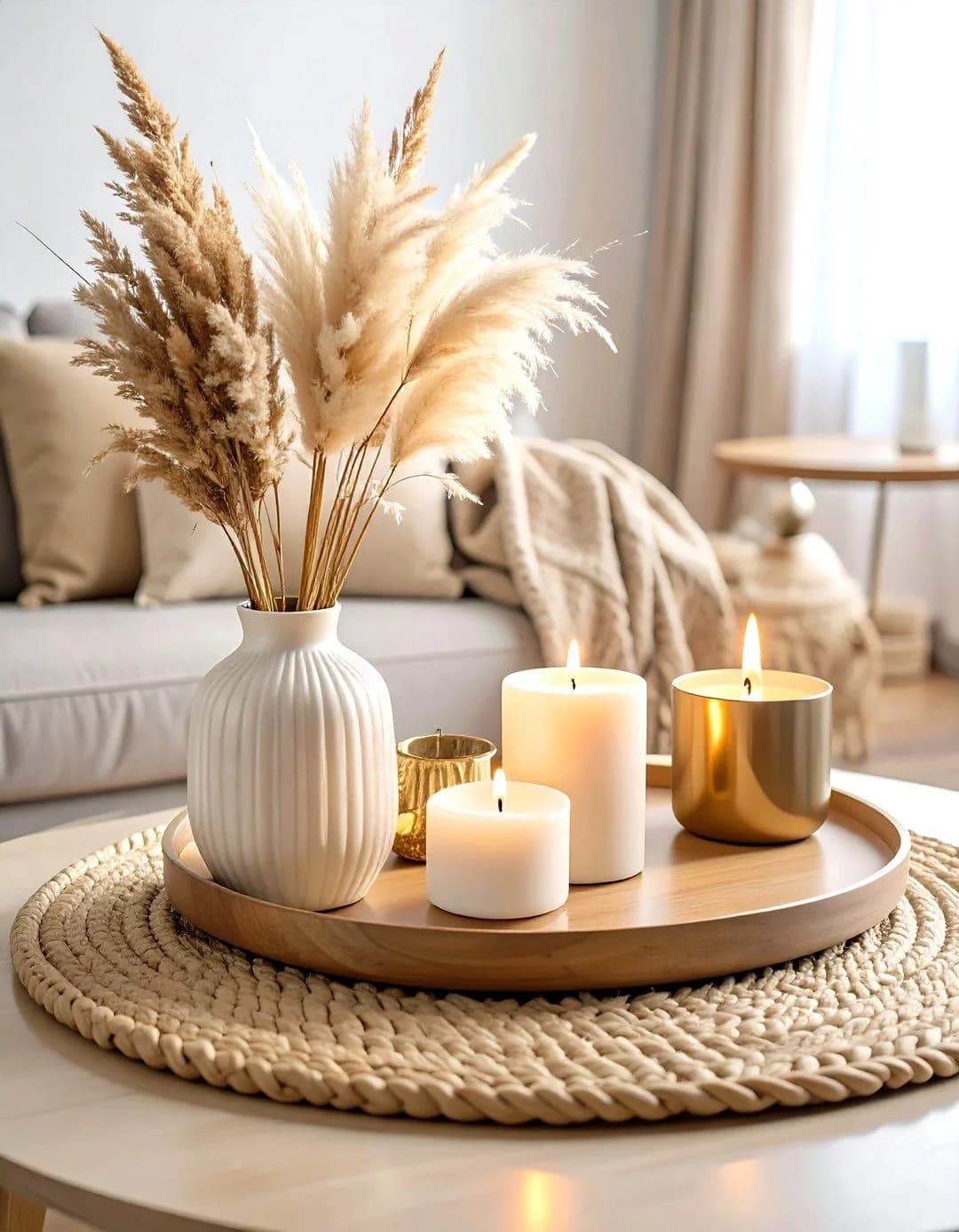 Round wooden tray on a woven mat with a ribbed white vase of pampas grass and three lit candles of different heights on a pale round table