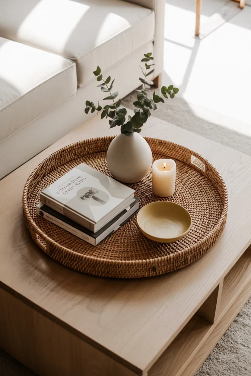 Round woven rattan tray seen from above on a pale wood table, holding two books, a vase with a eucalyptus stem, a candle and a small yellow dish