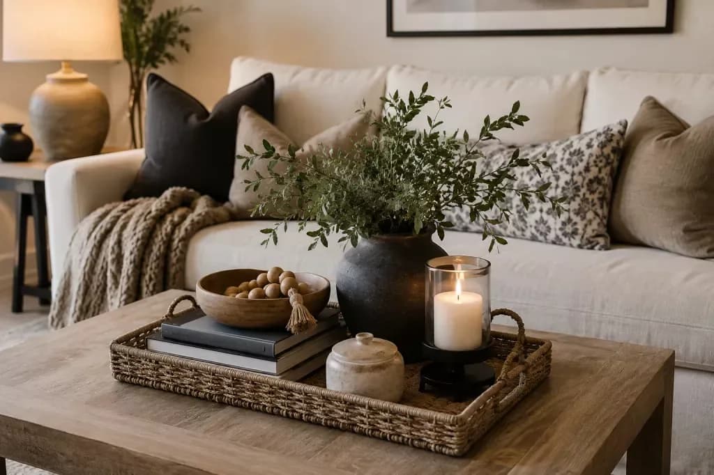 Rectangular woven tray on a wooden coffee table in front of a white sofa, holding a black vase of greenery, a candle in a glass hurricane, books with a bowl of wooden beads and a small lidded jar