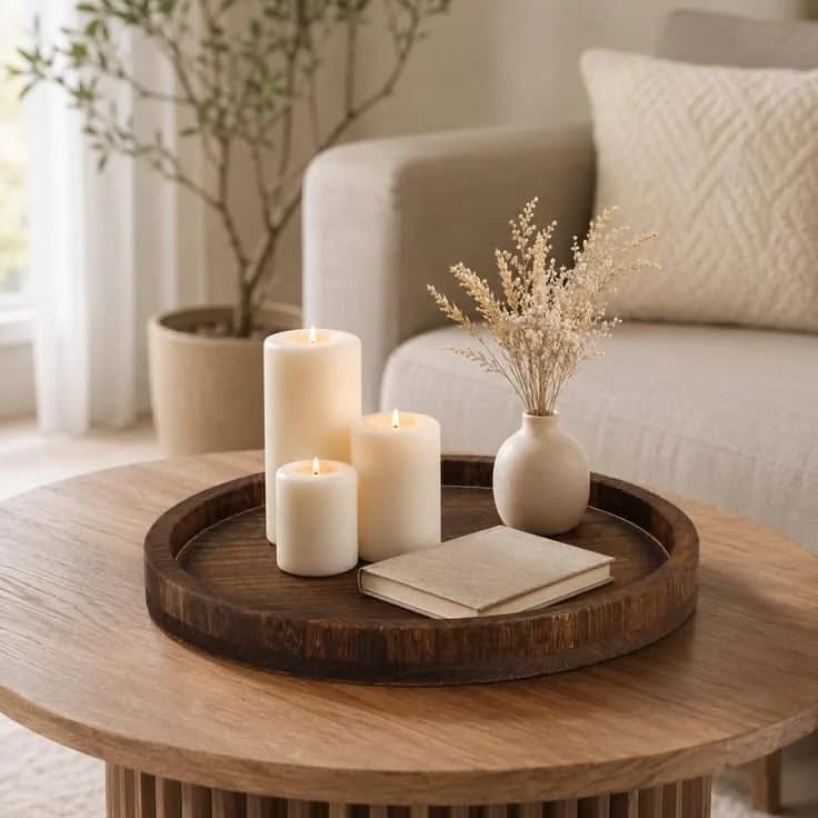 Dark round wooden tray on a round wood coffee table with three cream pillar candles, a small vase of dried stems and a closed book