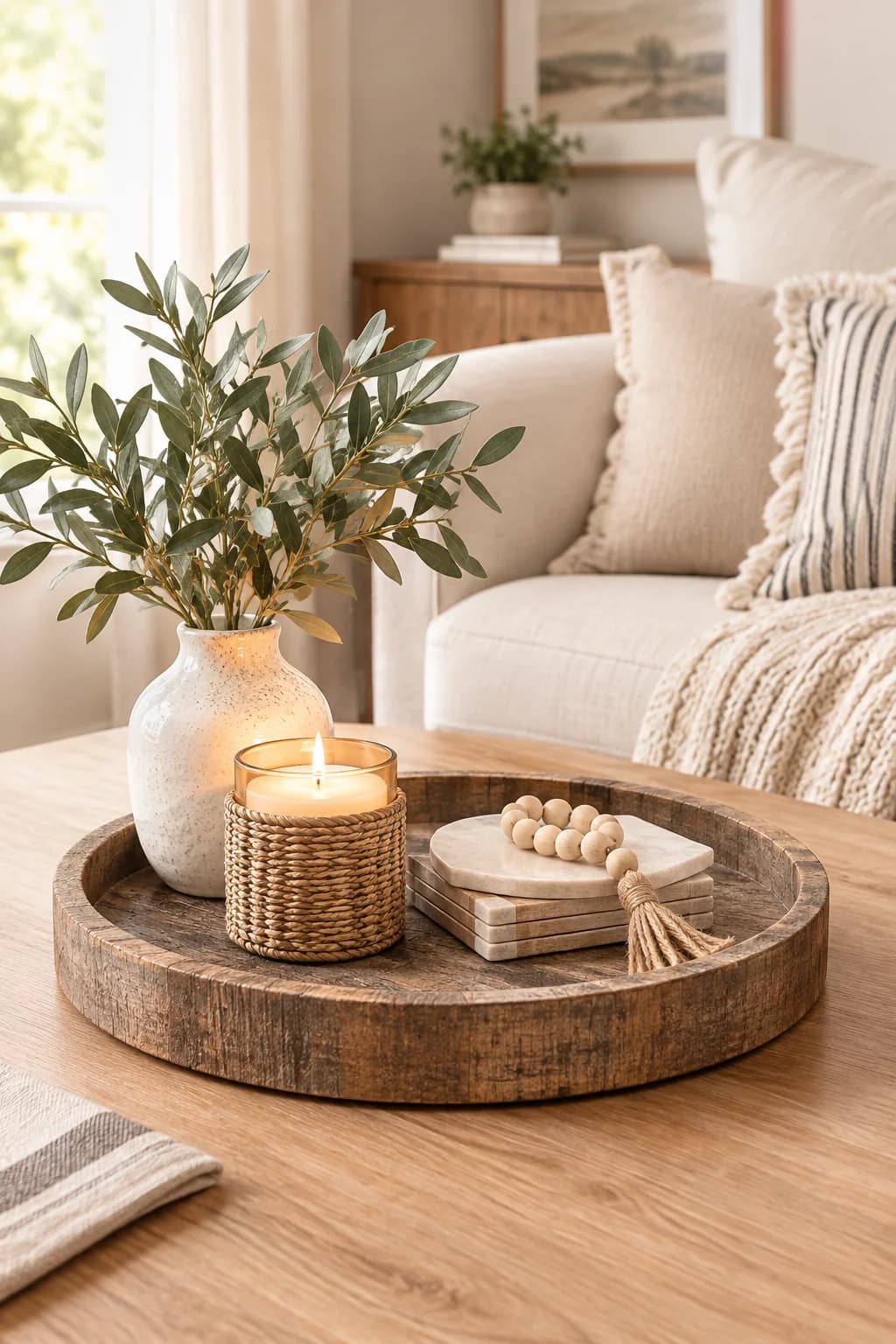 Round rustic wooden tray on a light wood coffee table with a white vase of olive stems, a candle in a woven holder, stone coasters and a string of wooden beads