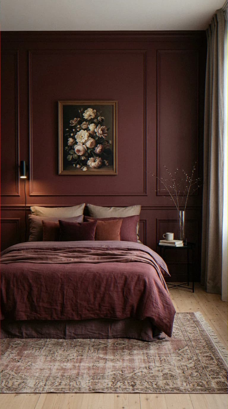 Bedroom with burgundy panelled walls, burgundy linen bedding, a framed flower painting, a slim black wall light and a faded patterned rug on pale boards