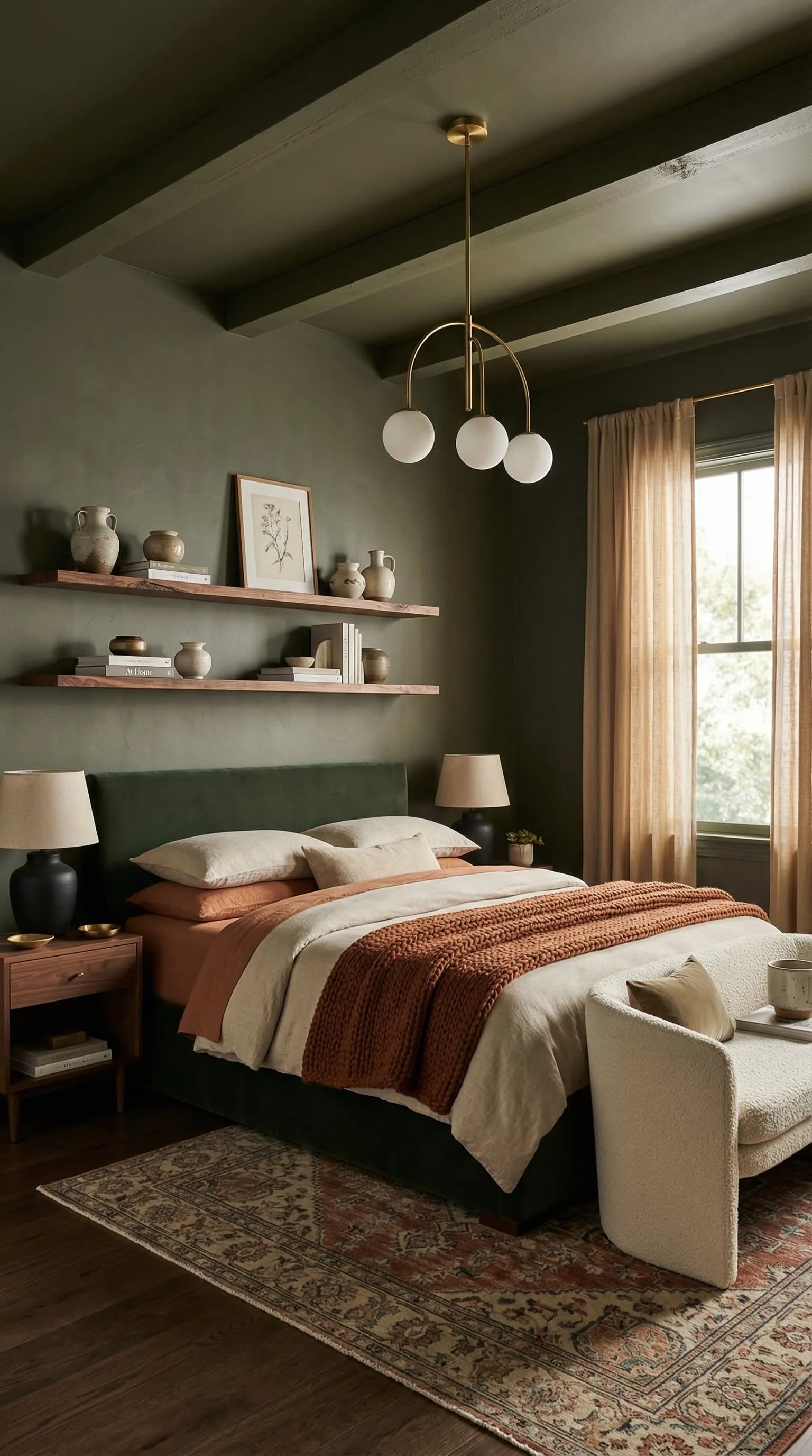 Bedroom with olive green walls, ceiling and ceiling beams in one color, two wooden wall shelves, a dark green bed with cream and terracotta bedding and a globe chandelier