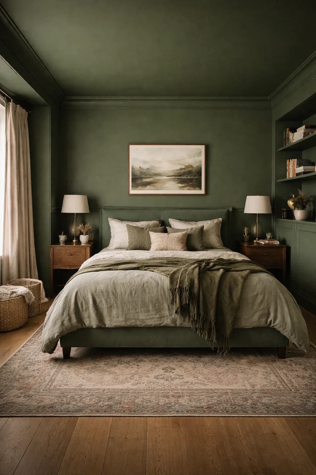 Bedroom with deep sage green walls, ceiling and built-in shelves, a green upholstered bed with natural linen bedding, two table lamps and a landscape painting