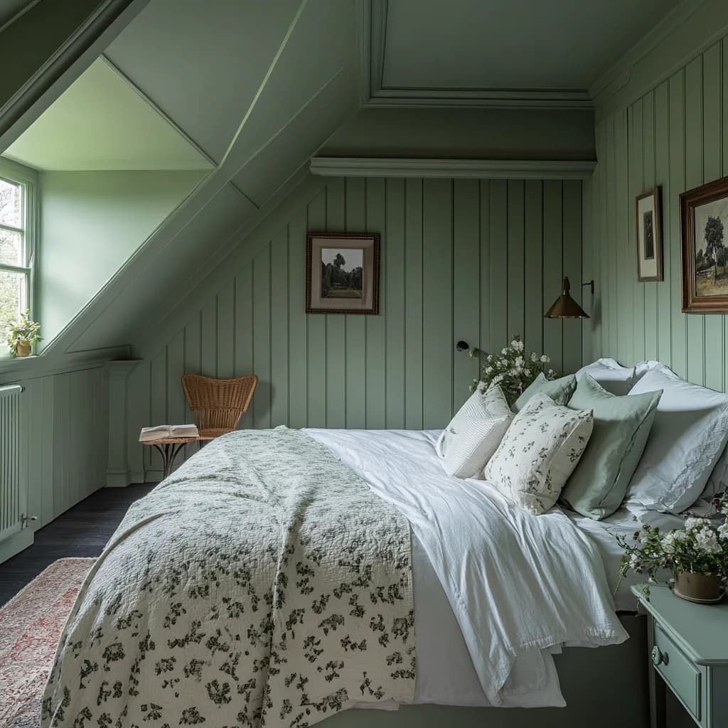 Attic bedroom with sage green boarded walls, sloped ceiling, dormer and radiator all painted the same color, white and leaf-print bedding and a brass wall light