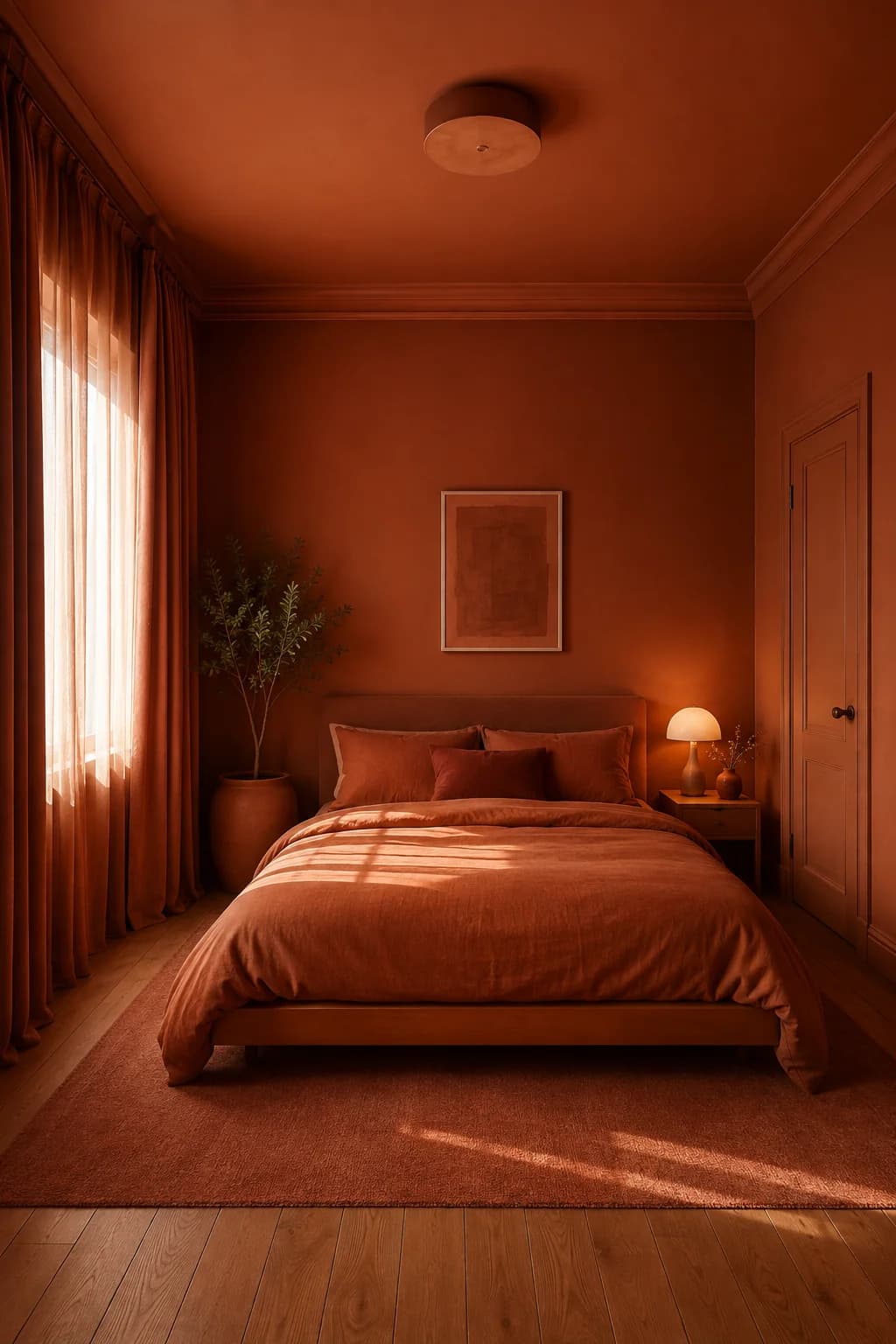 Bedroom with terracotta walls, ceiling, door and skirting in one color, terracotta sheer curtains and bedding, a small lamp and an olive branch in a clay pot