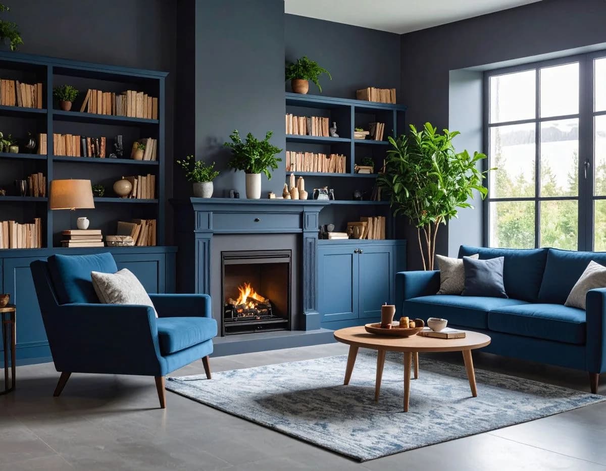 Living room with dark blue-grey walls and built-in shelves, cupboards and fireplace surround painted to match, blue sofas, a round wooden coffee table and a large black-framed window