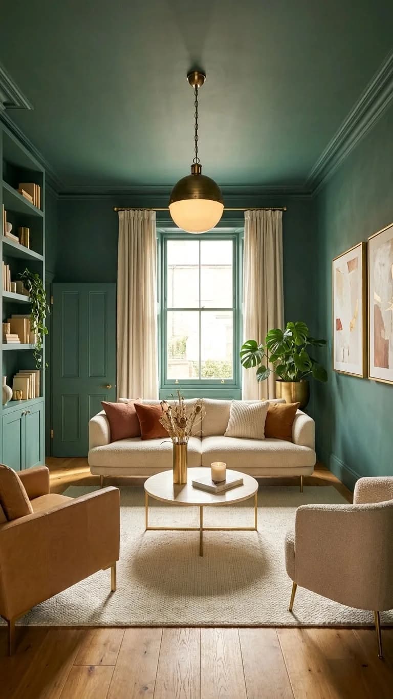 Living room with teal green walls, ceiling, built-in shelves and door painted the same color, cream curtains, a cream sofa and a brass globe pendant