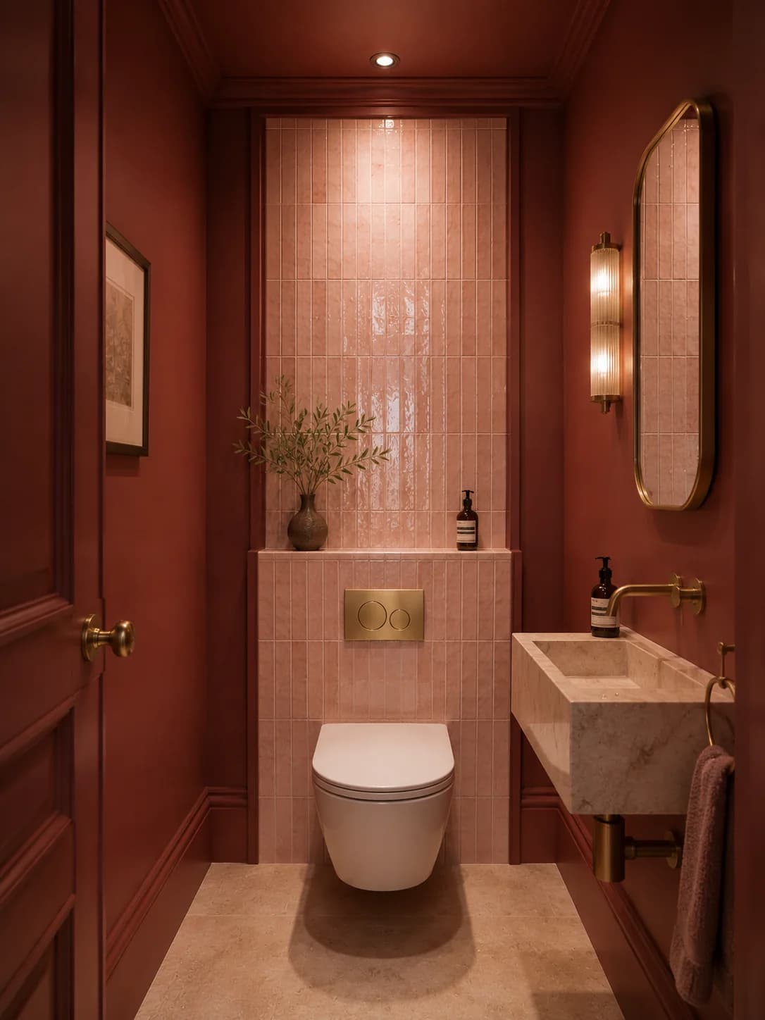 Narrow bathroom drenched in brick red with pale pink vertical tiles in a recessed niche behind a wall-hung toilet, a stone sink, an arched mirror and a sconce