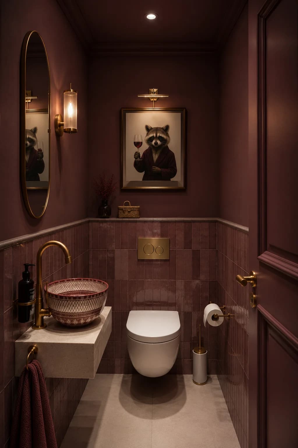 Small powder room drenched in burgundy on the walls, ceiling and door, with matching burgundy square tiles to half height, a gold wall-mounted faucet, an arched mirror and a wall sconce