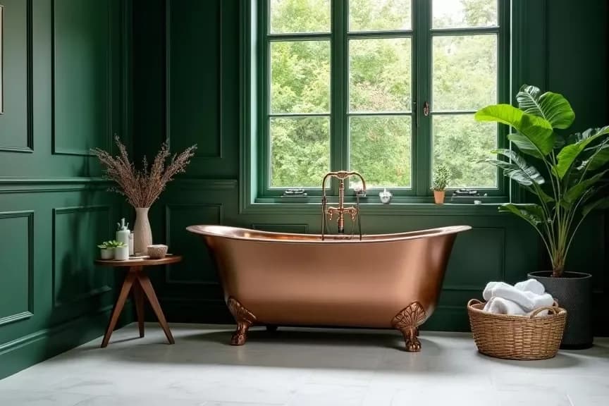 Bathroom painted dark green on the panelled walls, window frame and trim, with a copper clawfoot bathtub, a tall leafy plant, a basket of towels and a wooden side table
