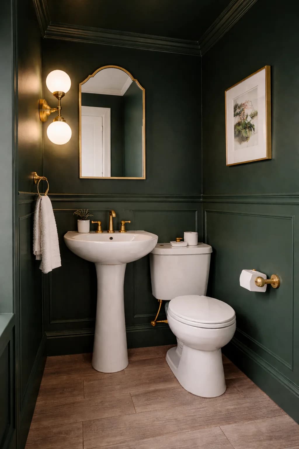 Small powder room drenched in deep forest green on panelled walls and the ceiling, with a white pedestal sink, a brass arched mirror, globe wall lights and a framed botanical print