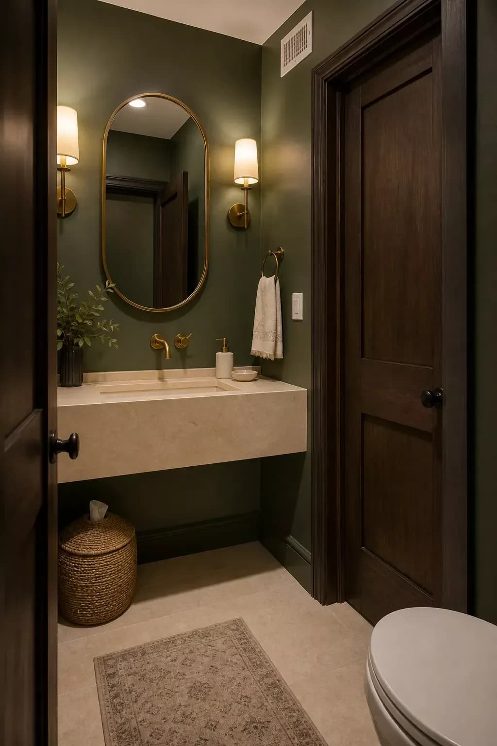 Small bathroom painted olive green with an oval brass mirror between two sconces, a cream stone sink, a dark wood door and a woven basket on the floor