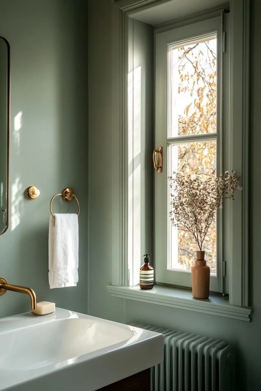 Bathroom painted soft sage on the walls, window frame and radiator, with a brass towel ring, dried branches in a vase on the sill and a white sink