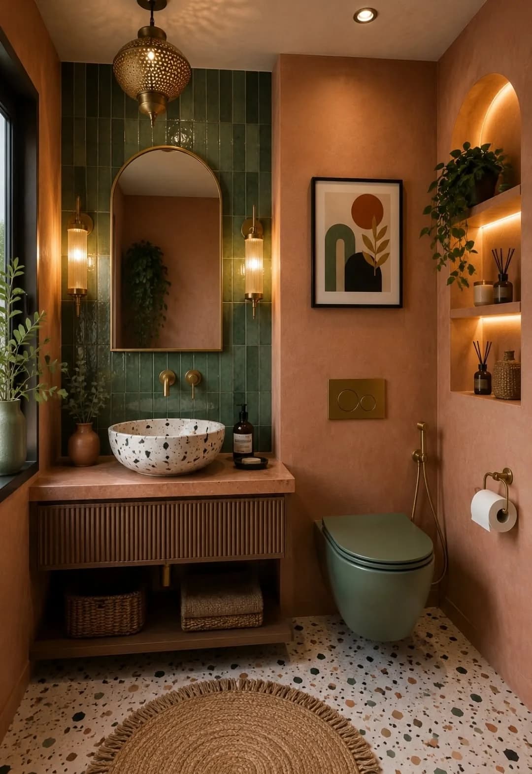 Small bathroom with terracotta plaster walls, an arched mirror, green vertical tiles behind the sink, a speckled vessel basin on a fluted vanity, a green wall-hung toilet and lit wall niches