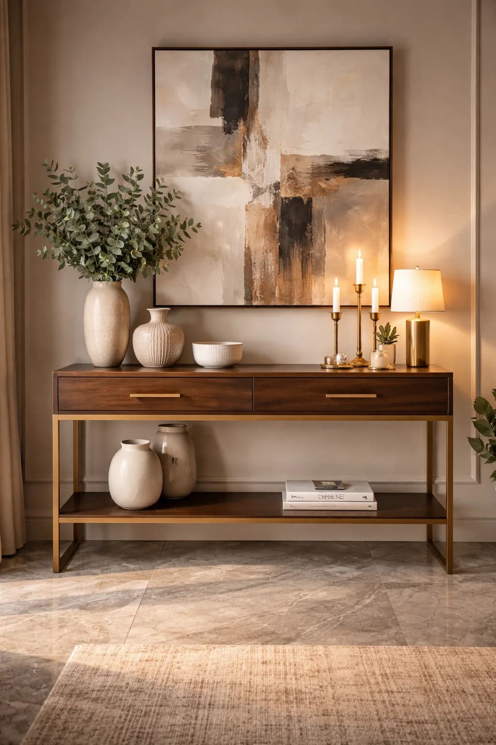 Walnut console with brass legs under a large abstract painting, with a vase of eucalyptus and ceramic pots at one end, brass candlesticks and a small lamp at the other, and vases and books on the lower shelf