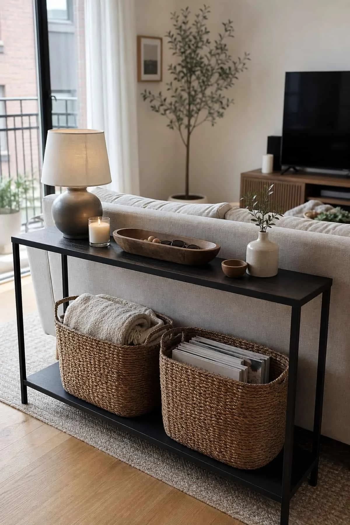 Slim black console behind a pale sofa with a grey lamp, a candle, a long wooden bowl and a vase on top and two large woven baskets holding a blanket and magazines below
