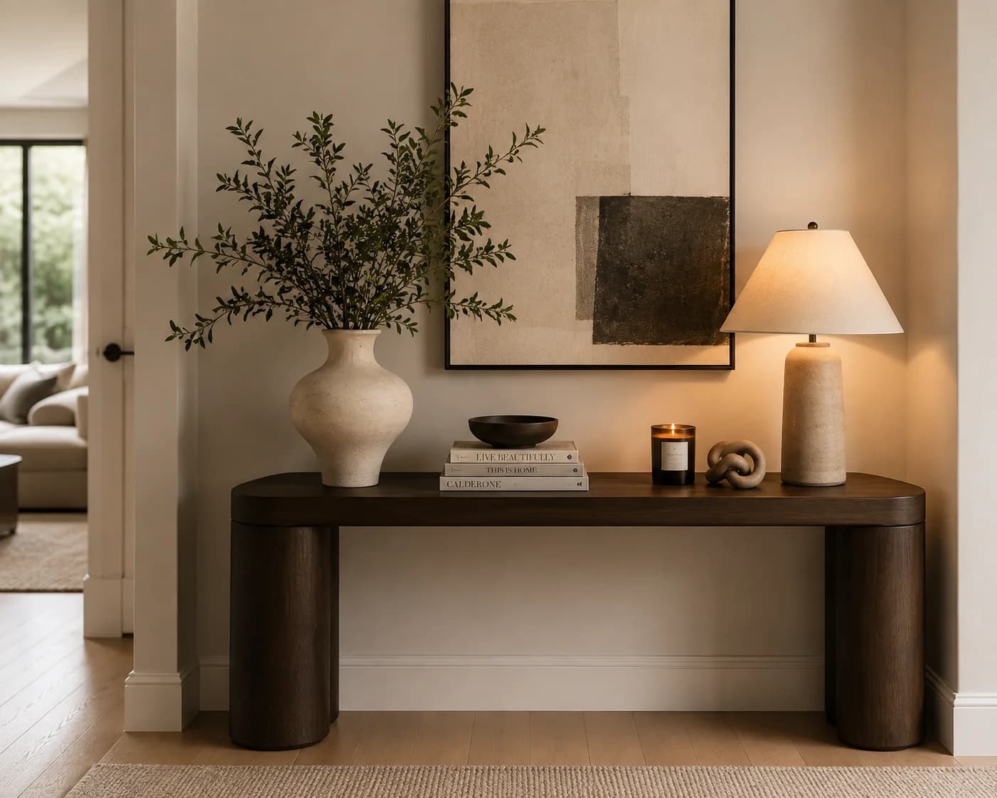 Dark wood console table against a living room wall with a vase of olive branches, a stone table lamp, a small stack of books, a bowl and a candle under a large abstract artwork