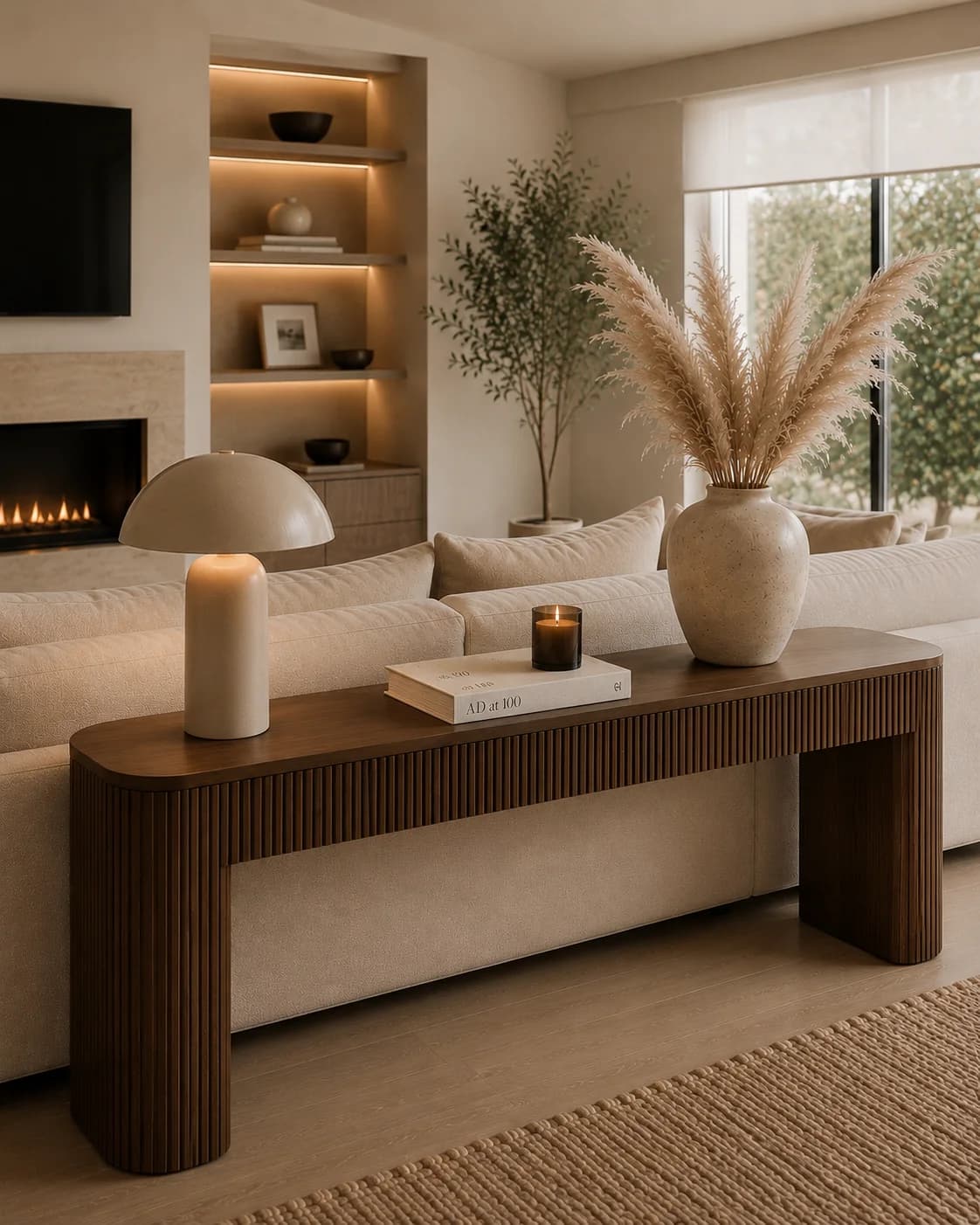 Dark ribbed wooden console behind a cream sofa with a dome table lamp, a book, a candle and a large vase of pampas grass, in a room with a fireplace and lit shelves