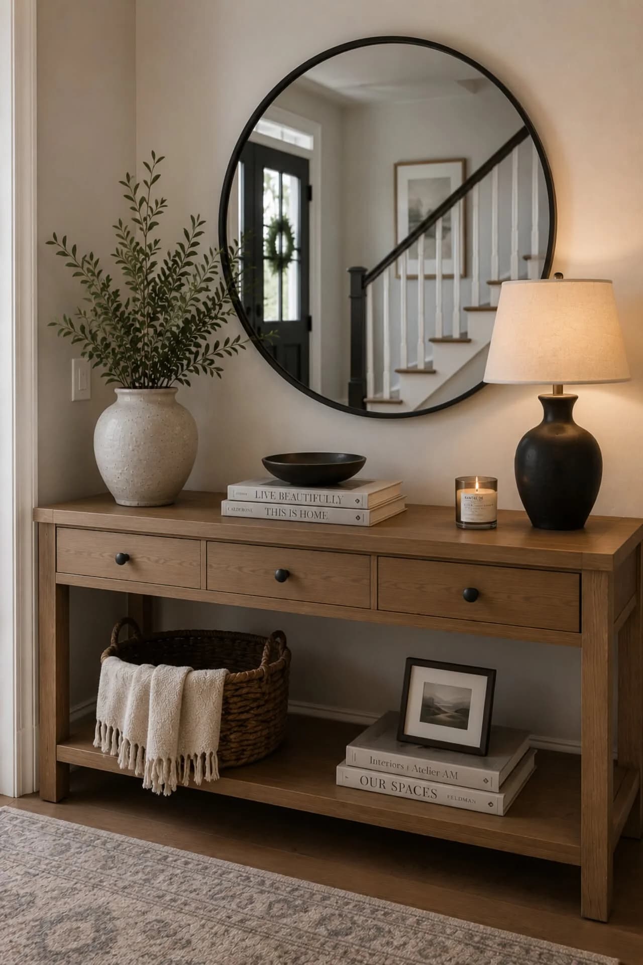 Wood console with drawers under a large round black-framed mirror, with a vase of branches, a black lamp, books and a bowl on top and a basket with a throw and a framed photo on the lower shelf