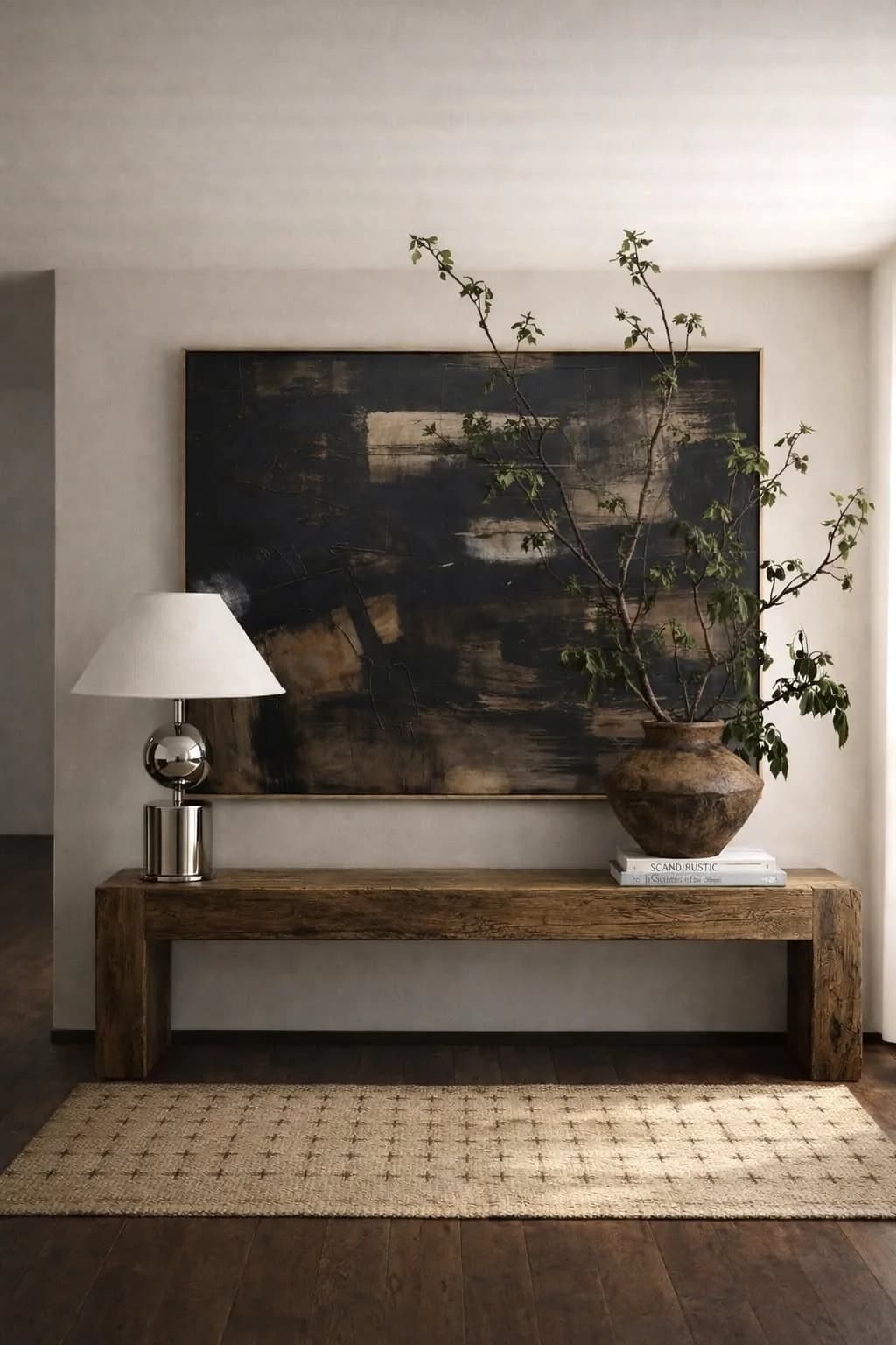 Rough wooden console under a large dark abstract painting with a chrome lamp, a clay pot of long leafy branches and two books, on a woven rug