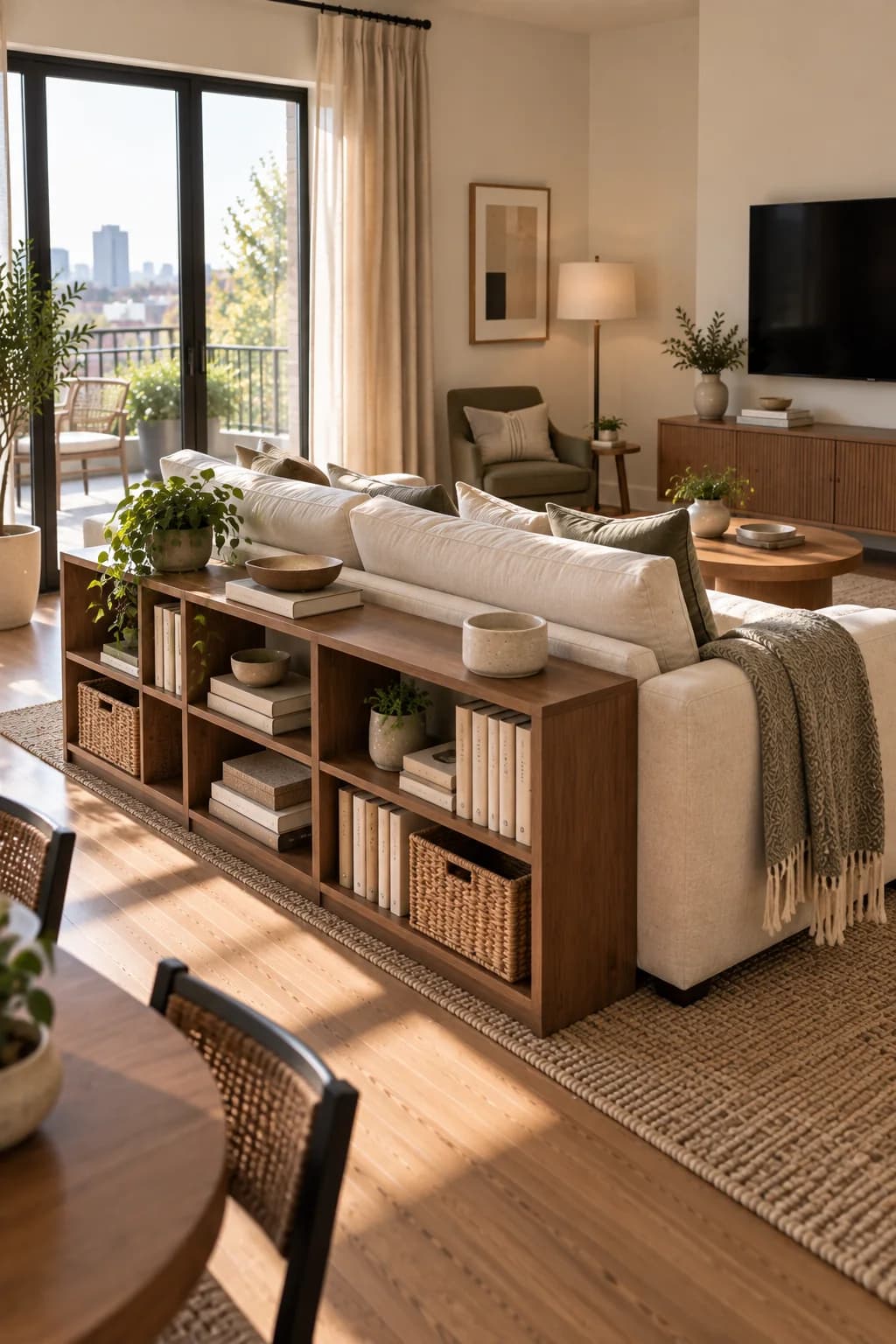 Low open wooden shelving unit behind a cream sofa with books, baskets and a trailing plant, in a living room with a balcony door and a wall-mounted TV