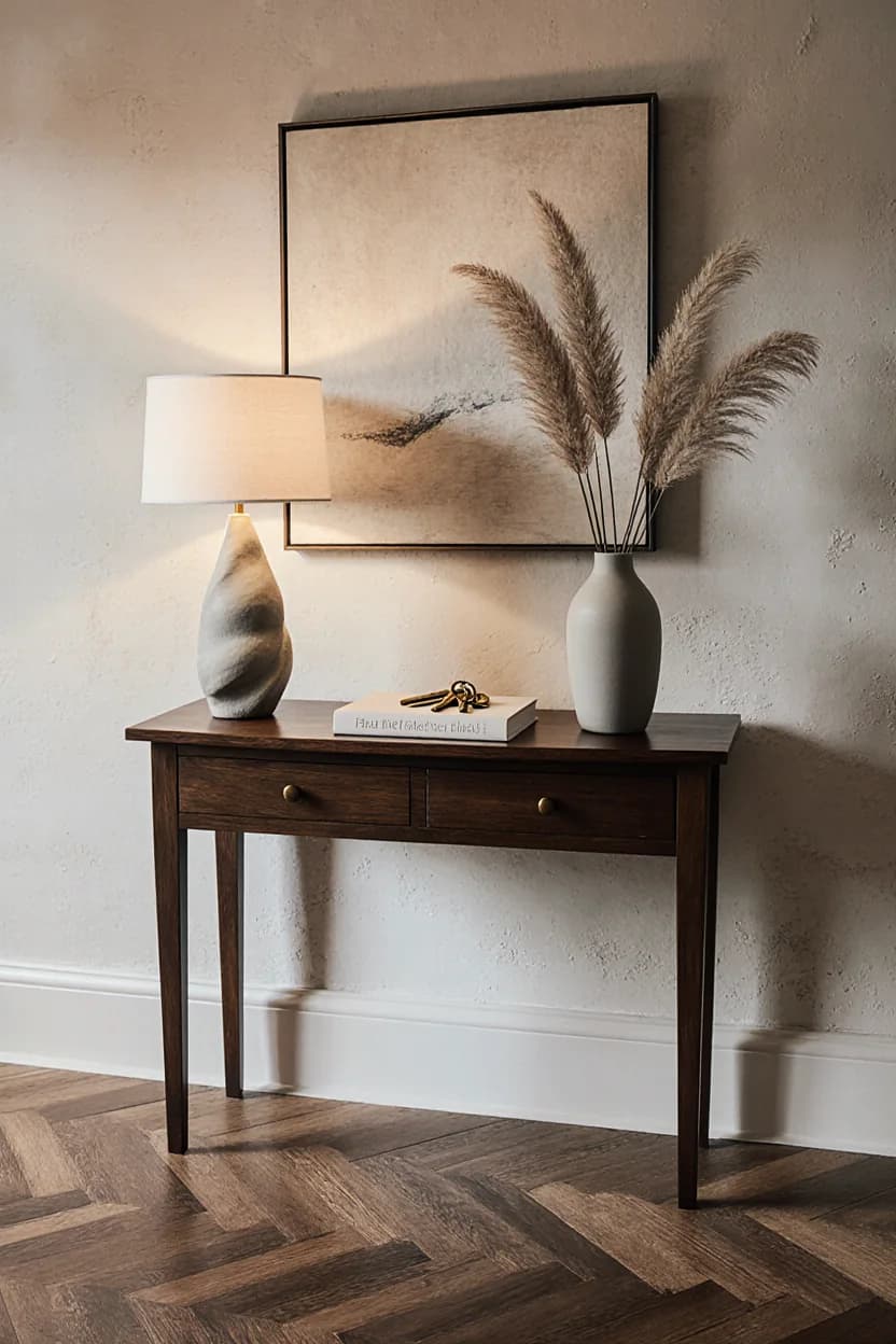 Small dark wood console with tapered legs under a framed neutral artwork, with a stone table lamp, a vase of pampas grass and one book with a set of keys