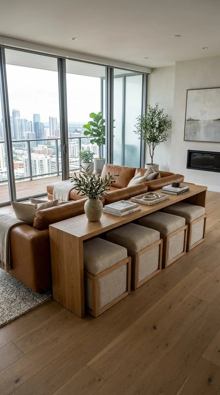 Long wooden console behind a tan leather sofa with four upholstered stools tucked underneath, a vase of branches and stacks of books, beside full-height windows