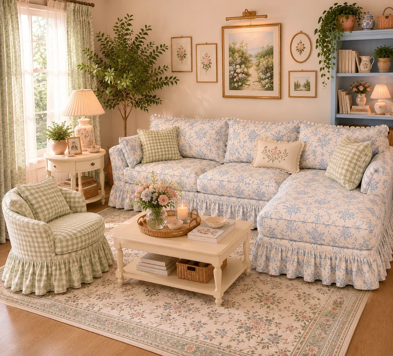 Living room with a pale blue floral slipcovered sectional with a ruffled skirt, a green gingham skirted armchair, a cream coffee table, framed botanical prints and blue painted shelves