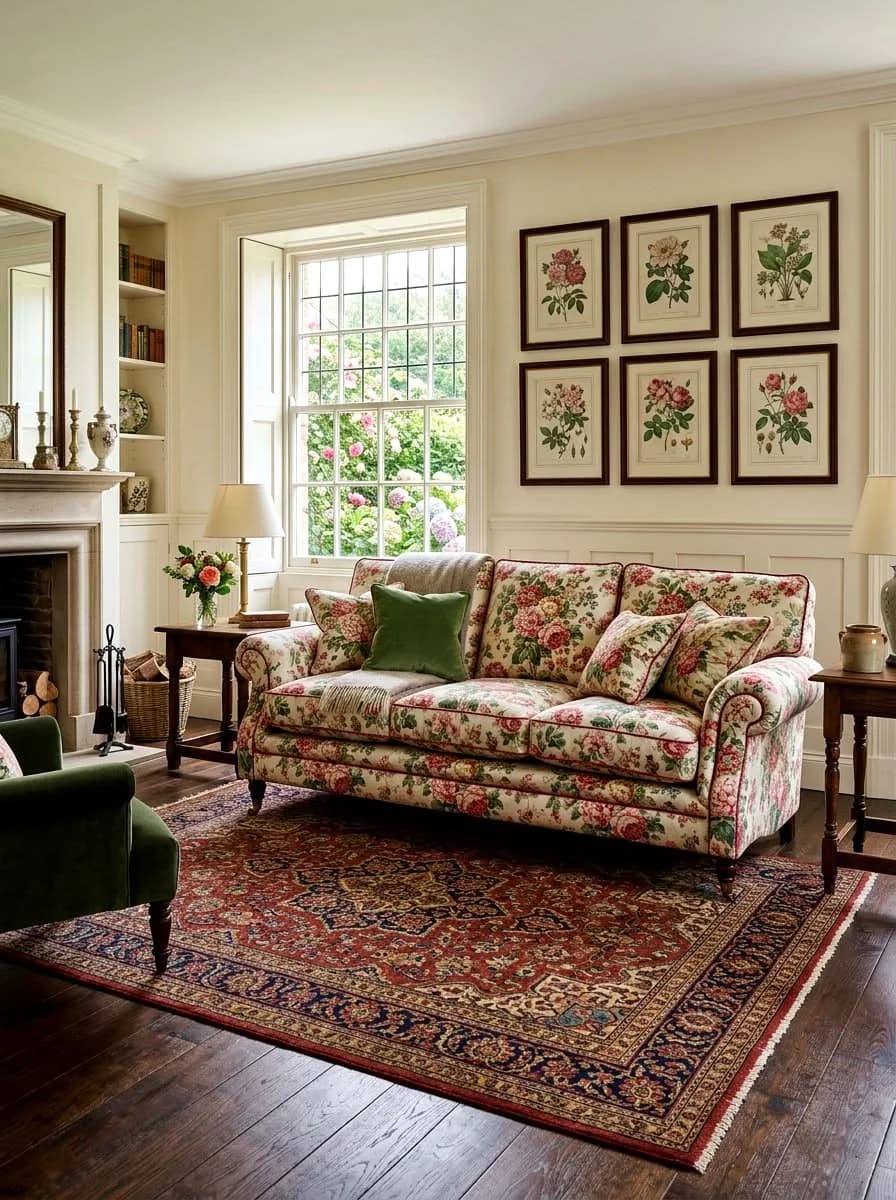 Sitting room with six framed botanical rose prints in a grid above a rose-printed sofa with a green velvet cushion, a red Persian rug and dark wood side tables
