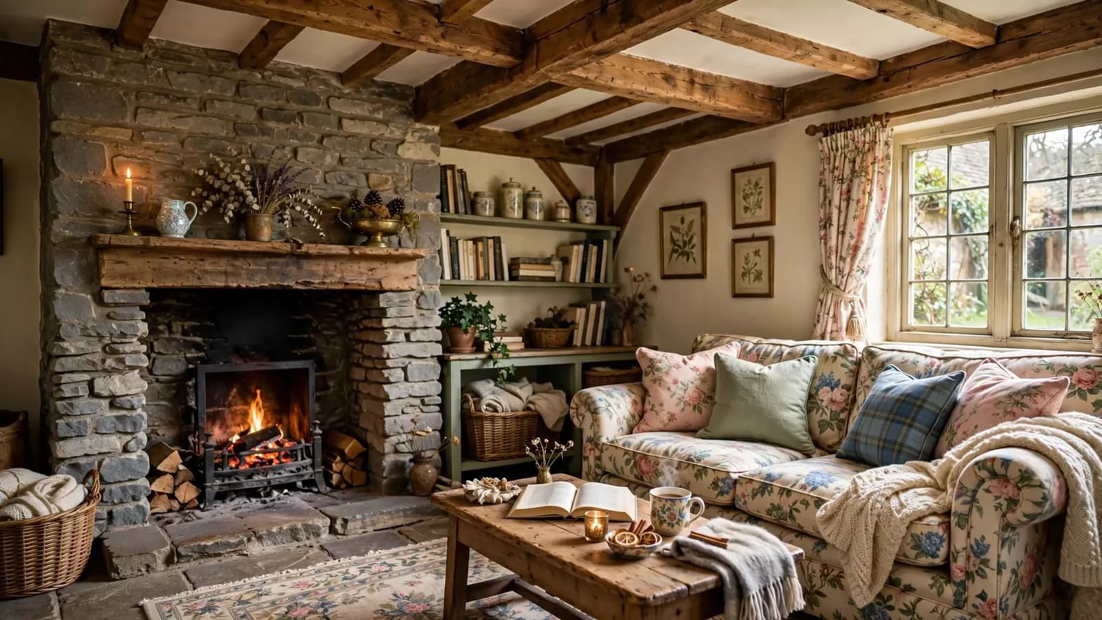 Cottage living room with a stone fireplace and a lit fire, ceiling beams, a floral sofa with a plaid cushion and a knitted throw, a wooden coffee table and shelves of books