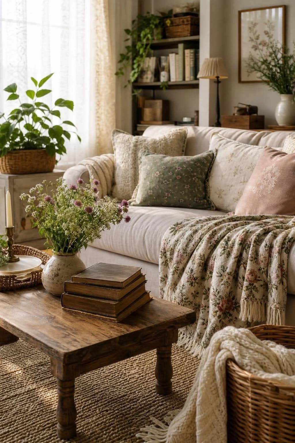 White sofa with floral and sage cushions and a floral fringed throw, a jug of wildflowers and a stack of old books on a rustic wooden coffee table, with a wicker basket of knitted blankets