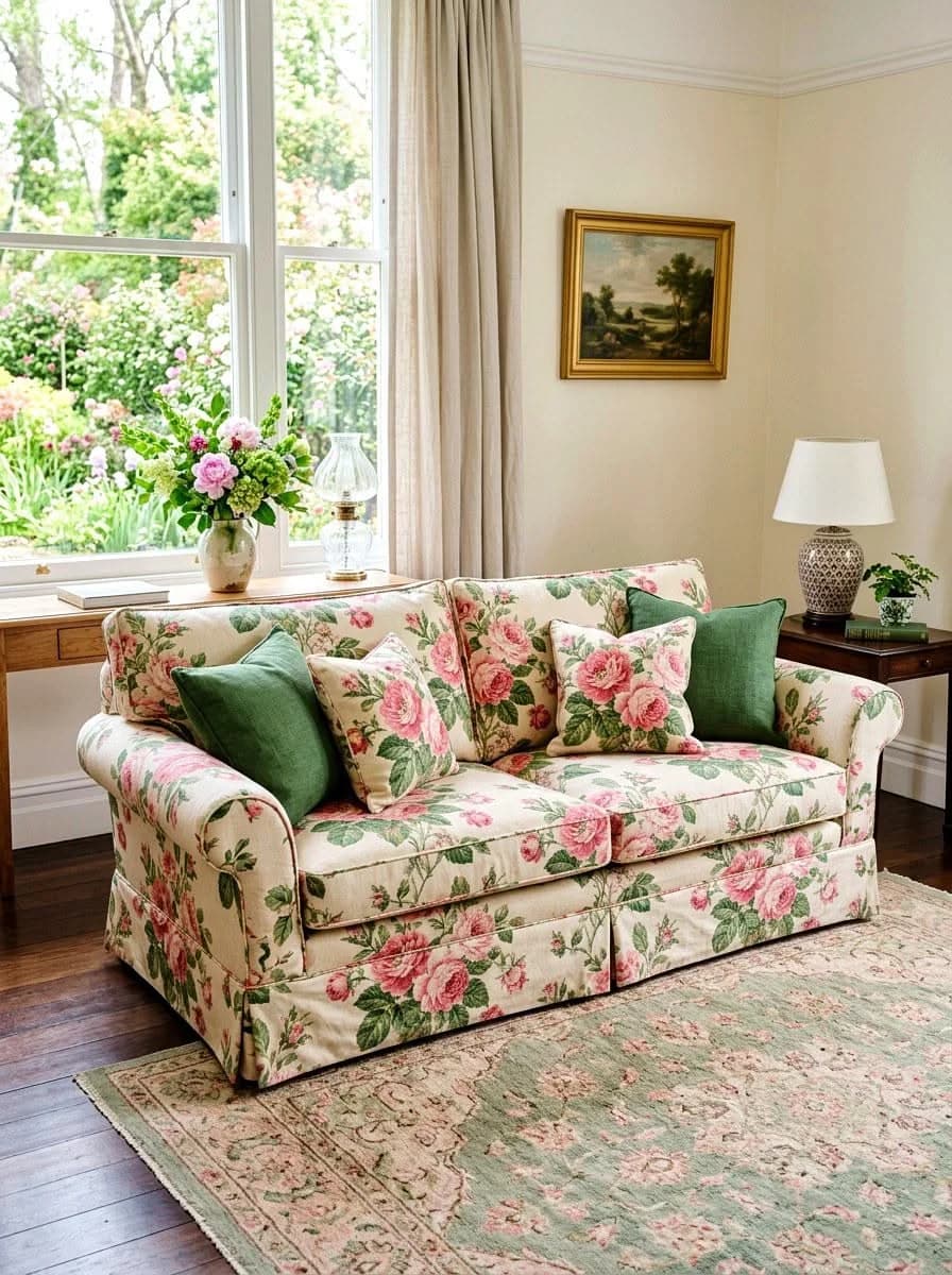 Sofa in cream fabric with large pink roses and two plain green cushions beside a tall window onto a garden, with a small landscape painting, a lamp and a faded green rug