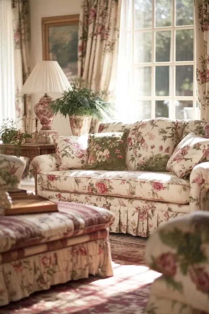 Sunlit sitting room with a rose-printed sofa and matching floral curtains, a pleated lamp shade, a fern at the window and a floral ottoman