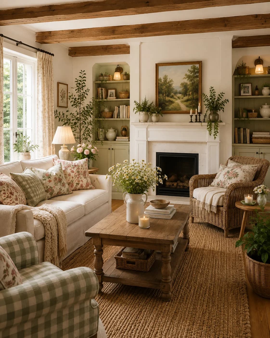 Living room with white painted beams, sage green alcove shelves either side of a white fireplace, a landscape painting, a green gingham armchair, a wicker chair and a wooden coffee table with a jug of daisies