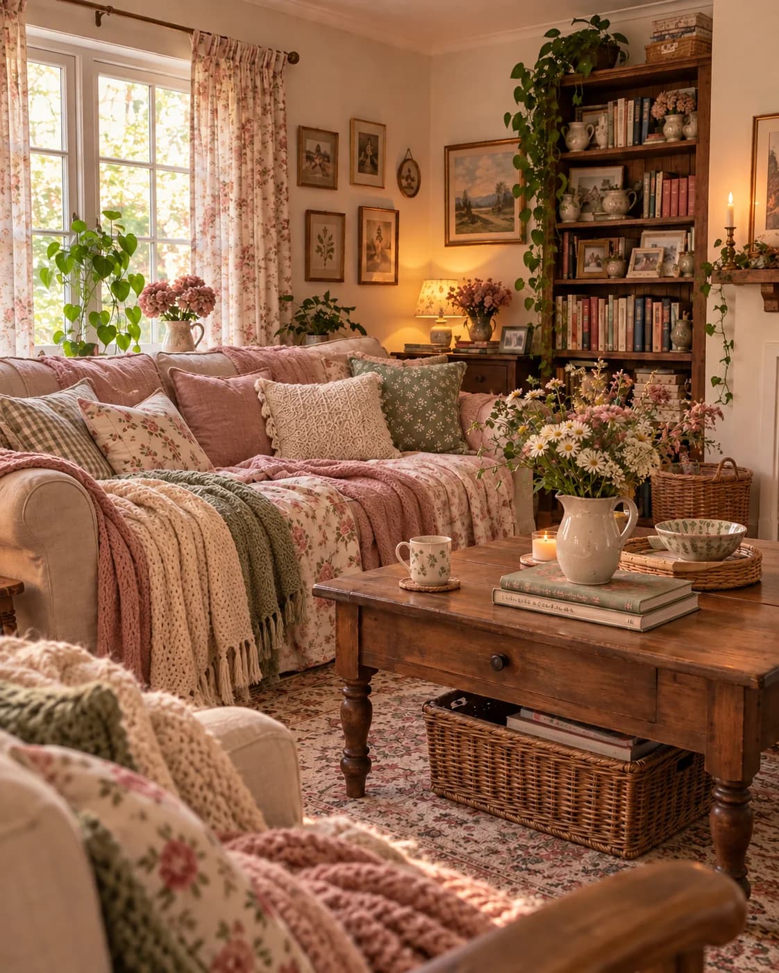 Cozy living room with pink and sage knitted throws and quilts over a sofa, floral curtains, a tall wooden bookcase, small framed pictures and a wooden coffee table with a jug of daisies