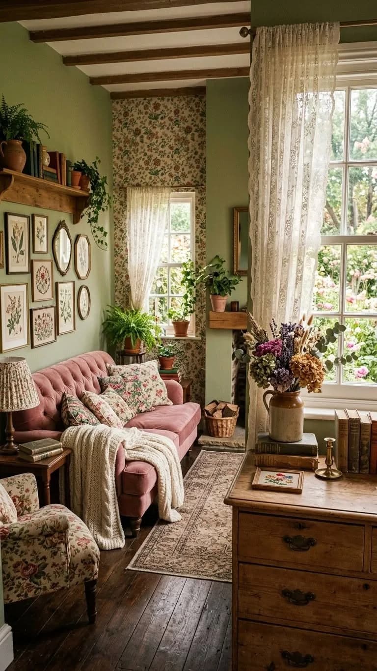 Sage green living room with a cluster of small framed flower prints and oval frames, floral wallpaper in an alcove, lace curtains, a pink tufted sofa and a wooden chest with a jug of dried flowers